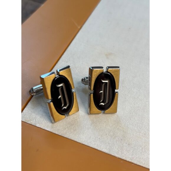 Gold & Black Rectangular Cufflinks With "D" Oval Design Metal Finish - Picture 1 of 6